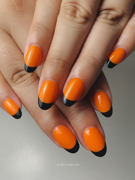 35+ Orange Nail Designs To Try This Summer Black Nails With Green Tips, Nail Ideas Orange And Black, Cute Orange And Black Nails, Orange And Black French Tip Nails, Orange And Black Nails Short, Bright Orange Nail Designs, Orange Nails With Black Tips, Orange With Black Tip Nails, Black And Orange French Tip Nails