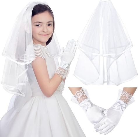 Amazon.com: Geyoga 2 Pcs First Communion White Veil and Gloves Set First Holy Communion Accessories for Kids Wedding Party Costume(Lovely) : Clothing, Shoes & Jewelry Butterfly First Communion Dress, 1st Communion Hairstyles Veils, Spring Organza First Communion Dress, Elegant White Veil For First Communion, Organza Ball Gown For First Communion/pageant, White Veils, Wedding Gloves, Wedding With Kids, First Holy Communion