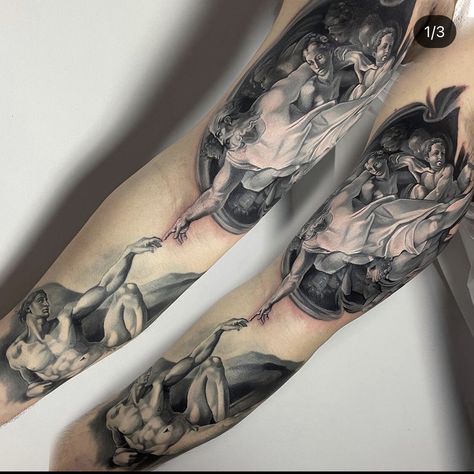 Adam And Eve Sleeve Tattoo, The Creation Of Adam Tattoo, Eddie Tattoo, Michelangelo Tattoo, Creation Of Adam Tattoo, Adam Tattoo, Left Arm Tattoos, Eros And Psyche, Full Tattoo