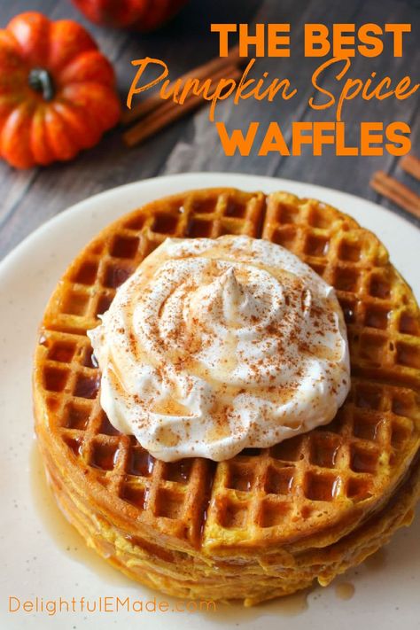 The ultimate fall breakfast! These Pumpkin Spice Waffles are great for a weekend brunch, and even better for freezing and toasting for an easy weekday breakfast. Made with simple ingredients, these delicious pumpkin waffles will be a new family favorite! || Delightful E Made Pumpkin Waffle Recipe, Easy Weekday Breakfast, Pumpkin Waffles Recipe, Pumpkin Breakfast Recipes, Pumpkin Spice Waffles, Pumpkin Breakfast, Weekday Breakfast, Frozen Waffles, Pumpkin Spice Recipe