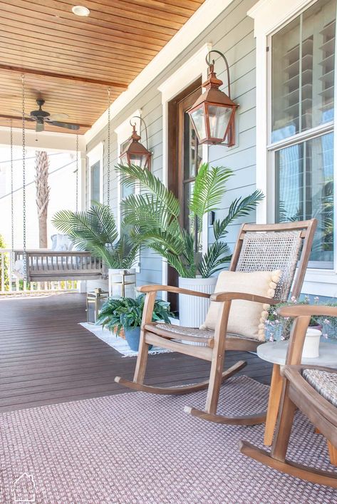 A Coastal Farmhouse Front Porch - HOME by KMB Coastal Home Front Porch, Southern Front Porches Farmhouse, Hampton Style Front Porch, Front Porch Decor White House, Front Porch Traditional Home, Low Country Front Doors, 2023 Front Porch Trends, Beautiful Porches Southern Living, Coastal Back Porch