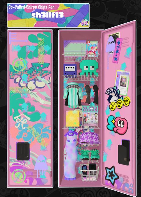 Splatoon Locker Ideas Pink, Splatoon Names Ideas, Splatoon Moodboard, Splatoon 3 Locker Ideas, Splatoon Locker Ideas, Chirpy Chips, Splatoon Locker, Locker Ideas, Random Games