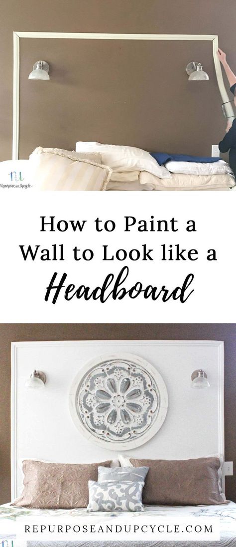 Wall Headboard Ideas Diy, Bedroom Without Headboard, No Headboard Bed Ideas, No Headboard Ideas Bedroom, Fake Headboard Ideas, Fake Headboard, Headboard Painting, Picture Moulding, Wall Headboard Ideas