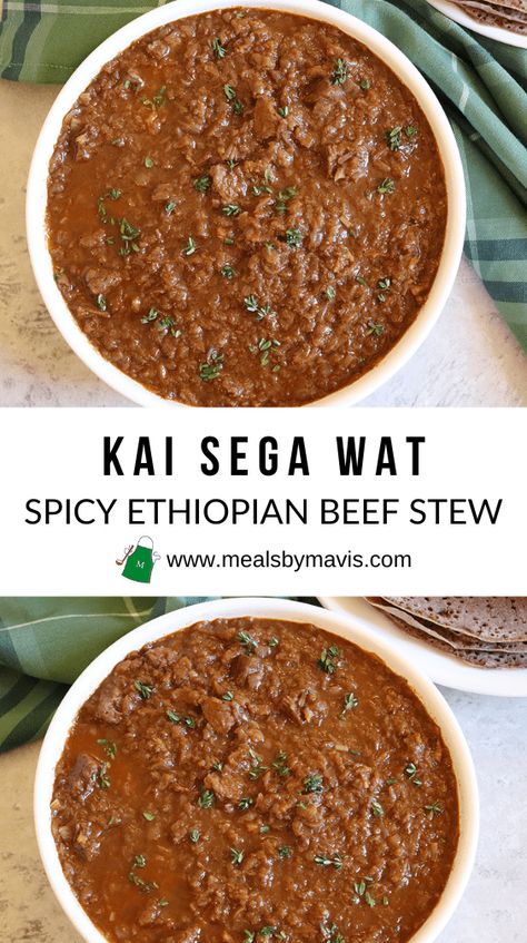 Kai sega wat is a spicy Ethiopian beef stew. This stew has an amazing depth of flavour. It is bold and delicious. Ethiopian Beef Stew, Ethiopia Recipes, Habesha Food, Sudanese Food, Ethiopian Recipes, African Stew, Curry Food, Ethiopian Cuisine, African Recipes Nigerian Food