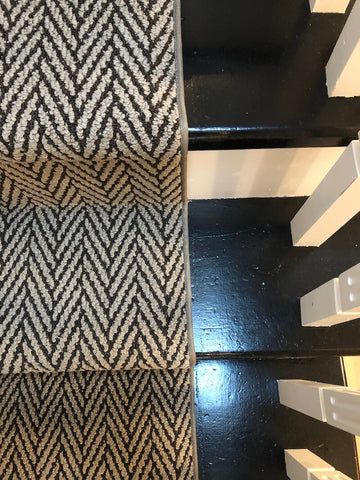 Top 5 Herringbone Stair Runners For 2023 Direct Carpet Chevron Stair Runner, Carpet Runner On Curved Stairs, Runner On Black Stairs, Herringbone Runner Stairs, Black Stairs With Runner, Paneling Stairs, Stair Runners Ideas, Victorian Hallway Ideas, Herringbone Stair Runner