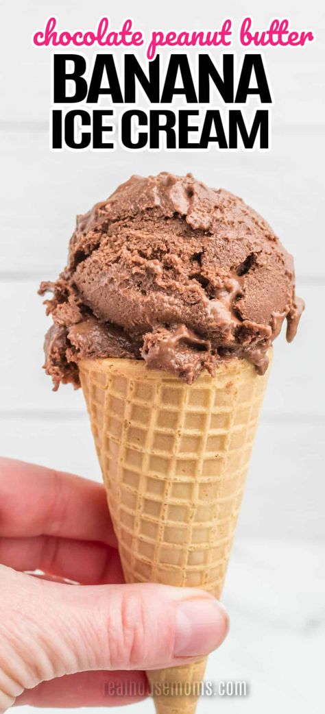 This Chocolate Peanut Butter Banana Ice Cream is for all chocolate lovers! This is one easy-to-make, guiltless, and indulgent treat! #Realhousemoms #chocolate #icecream #peanutbutter #dessert #4thofjuly #laborday #summertime #cookout Peanut Butter Banana Ice Cream, Chocolate Peanutbutter, Banana Ice Cream, Peanut Butter Chocolate, Nice Cream, Peanut Butter Banana, Chocolate Ice Cream, Chocolate Peanuts, Pinterest Recipes