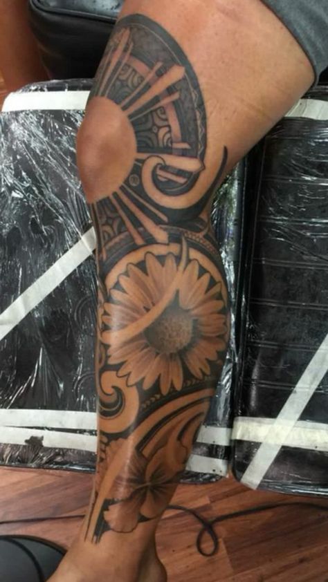 Sun Leg Tattoo, Filipino Flag Tattoo, 03 Tattoo, Calf Tattoo Ideas, Filipino Sun, Hawaiian Tattoos, Fire Fighter Tattoos, Plant Styling, Full Leg Tattoos