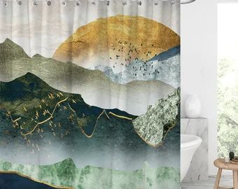 Shower curtain abstract | Etsy UK Asian Anime, Shower Curtain Blue, Water Slides, Shower Curtains, Shower Curtain, Slides, Blue Green, Curtains, Shower