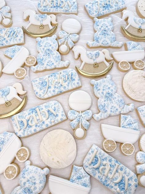 White And Blue Baby Shower Ideas, Toile Baby Shower Theme, Blue Baby Shower Cookies, Blue And White Baby Shower Ideas, French Baby Shower Theme, Baby Boy Shower Cookies, Polo Baby Shower, Royal Baby Shower Theme, Blue Macaroons