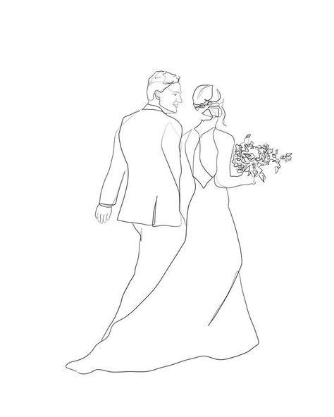 Bride Line Drawing, Wedding Line Drawing, Married Couple Drawing, Wedding Drawing Art, Wedding Art Drawing, One Line Drawing Wedding, Wedding Drawing Couple, Wedding Art Illustration, Line Art Drawings Couple