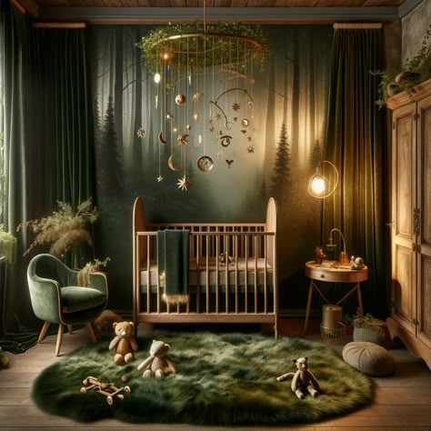 (this image is AI generated) Dark Aesthetic Nursery, Dark Woodland Nursery, Babyboy Decoration Room, Mystical Forest Nursery, Dark Green Forest Nursery, Magical Nursery Ideas, Boy Nursery Forest Theme, Slytherin Nursery, Dark Kids Room