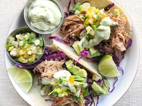 Pulled Pork Tacos with Avocado CremaDelish Pineapple Salsa Recipe, Easy Fall Dinners, Tacos With Avocado, Easy Taco Recipes, Pulled Pork Tacos, Avocado Crema, Steak And Shrimp, Pork Tacos, Pulled Pork Recipes