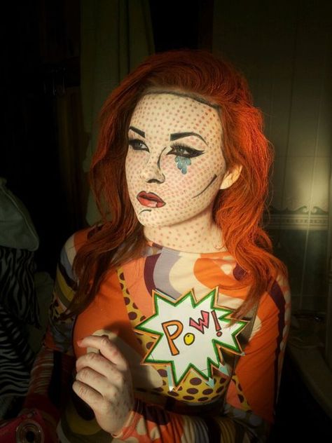 roy lichtenstein-inspired comic book style make up costume Comic Book Costume, Diy Comic, Comic Book Makeup, Comic Makeup, Comic Book Costumes, Zombie Style, Pop Art Makeup, Great Halloween Costumes, Up Costume