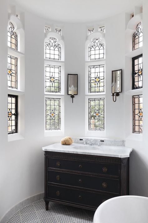 white-walls-narrow-tall-custom-stained-glass-windows-black-cupboard-with-marble-countertop-in-bathroom Glass Entrance Doors, Windows Black, Monochromatic Room, Townhouse Interior, New House Bathroom, Victorian Style Homes, House Bathrooms, Stained Glass Window Panel, Custom Stained Glass