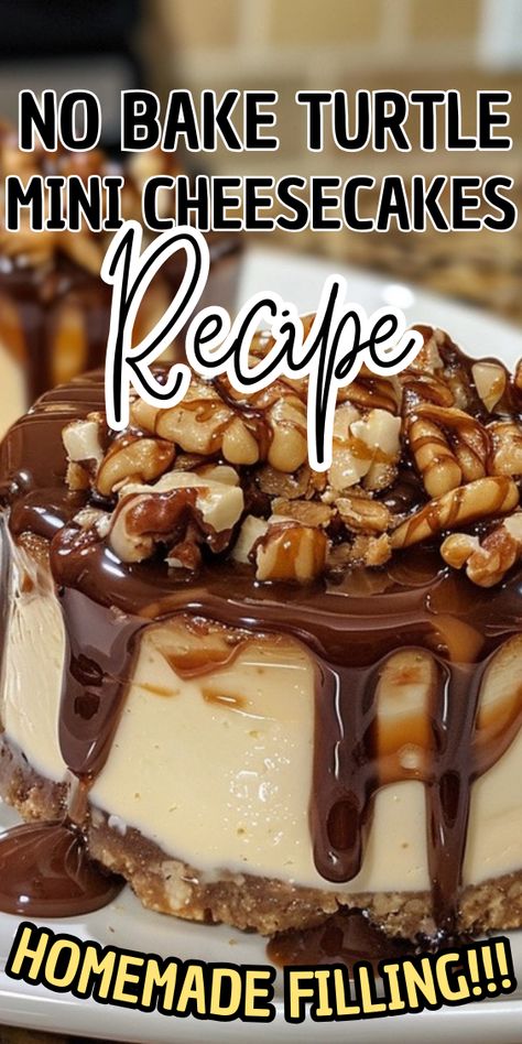 No Bake Turtle Mini Cheesecakes No Bake Mini Turtle Cheesecake, No Bake Turtle Mini Cheesecakes, Mini Turtle Cheesecake, Strawberry Cheesecake Trifle Recipe, Turtle Cheesecake Bars, Barbara Anderson, Turtle Cheesecake Recipes, Caramel Pecan Cheesecake, Cheesecake Bar