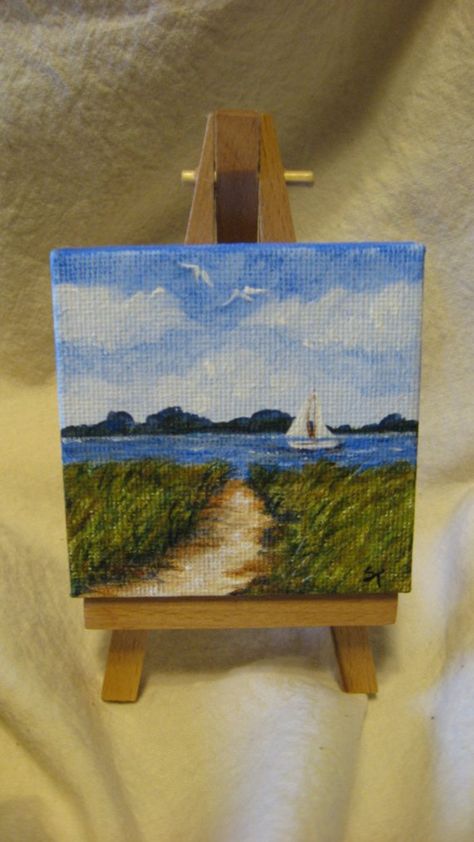 This is an original acrylic painting on a mini canvas(measures 2-3\/4 x 2-3\/4).The easel IS included with this purchase. The painting goes around 4 Canvas Paintings, Tiny Paintings, Tiny Canvas, Mini Canvases, Mini Toile, Small Canvas Paintings, Soyut Sanat Tabloları, Canvas Painting Designs, Landscape Art Painting