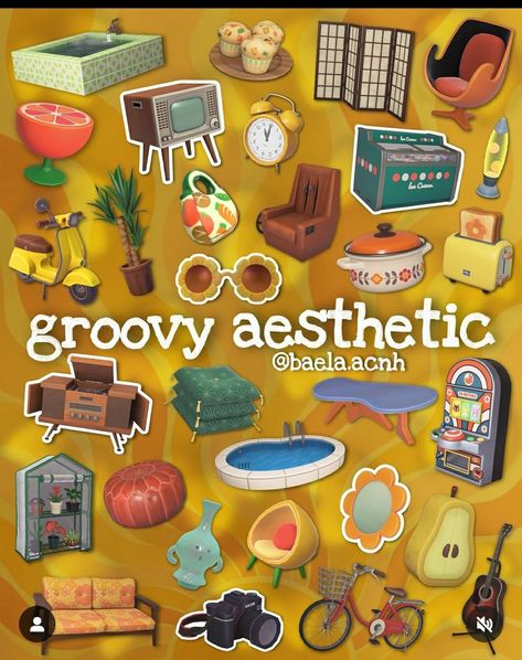 Funky Town Animal Crossing, Maximalist Animal Crossing, Midge Animal Crossing, Ketchup Acnh House, Acnh Stranger Things Island, Acnh Groovy Designs, Acnh 70s Designs, Retro Animal Crossing Island, Acnh Retro Island