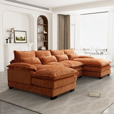 This double chaise sectional has a classic look and plush feel. It includes four pieces - two one-armed chaise and two armless chair. The faux fur upholstery and sleek lines give this cloud sofa a sophisticated and luxurious look, and is soft and skin-friendly. Small living room sectional sofas are built on a sturdy wood frame, durable memory foam cushions are embedded into the fabric, and black plastic legs perfectly support the entire sofa for long-term use. | Latitude Run® 4-Piece Upholstered U Shaped Couch, U Shaped Sectional Sofa, Fabric Sectional Sofas, U Shaped Sofa, Apartment House, U Shaped Sectional, Fabric Sectional, Modular Sectional Sofa, Upholstered Sectional