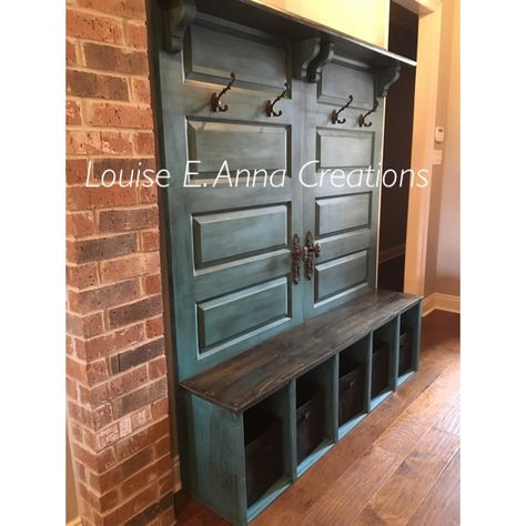 Hall tree - old doors custom piece Antique Door Hall Tree, Tree Hall Bench Entryway Diy, Old Door Hall Tree Ideas, Custom Hall Tree, Hall Tree From Old Door, Antique Doors Repurposed, Old Doors Repurposed, Old Door Hall Tree, Old Door Crafts