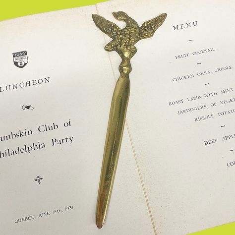 Vintage Letter Opener Retro 1960s Colonial + Virginia Metalcrafters + Eagle + 7-46 + Brass + Gold Metal + Office/Desk Decor + Open Envelopes Vintage Letter Opener, Mid Century Colonial, Colonial Virginia, Metal Office Desk, Soaring Eagle, Brown Line, Letter Opener, Office Desk Decor, Vintage Lettering