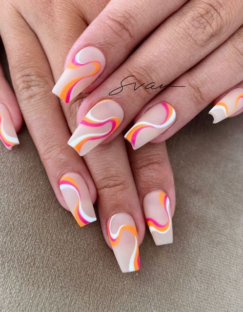 Neon Swirls Nails, Neon Pink Abstract Nails, Orange French Tip Swirl Nails, Orange Nail Swirls, Red And Orange Swirl Nails, Orange And Yellow Swirl Nails, Nail Art Designs Pink And Orange, Abstract Swirl Nail Art, Nails With Waves Lines