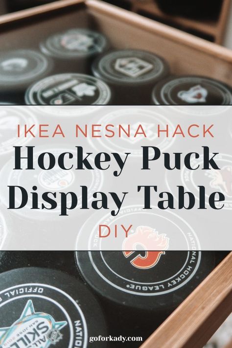 IKEA Hack: DIY Hockey Puck Display Table Tutorial | Go For Kady Hockey Puck Display, Shadowbox Display, Hockey Diy, The Sorry Girls, Hockey Room, Hockey Decor, Flyers Hockey, Table Ikea, Ikea Table