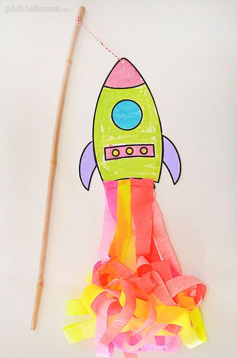 Make a super swishy flying rocket! Use our free printable template and step by step instructions Rocket Template, Rocket Craft, Space Preschool, Space Crafts For Kids, Space Activities, Vbs Crafts, Rocket Ship, Kids Games, Camping Crafts