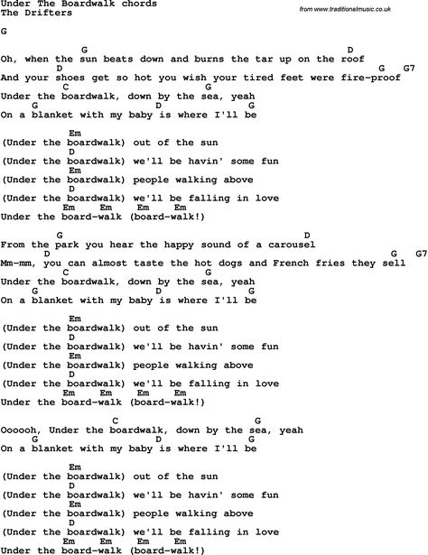 Song Lyrics with guitar chords for Under The Boardwalk - The Drifters Simple Guitar, Under The Boardwalk, The Drifters, Easy Ukulele Songs, Ukulele Chords Songs, Easy Guitar Songs, Guitar Tabs Songs, Acoustic Guitar Lessons, Ukulele Music