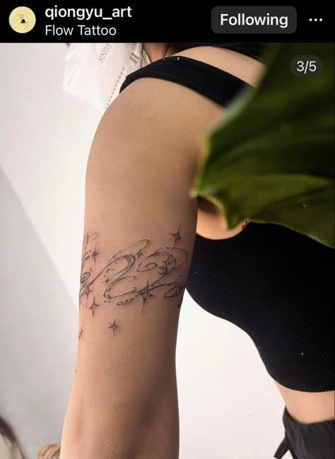 Cloud Wrap Around Tattoo, Space Dust Tattoo, Celestial Line Tattoo, Champagne Supernova Tattoo, Around The Arm Tattoo, Whimsical Tattoos For Women, Ethereal Tattoo Ideas, Dreamy Tattoo Ideas, Milky Way Tattoo