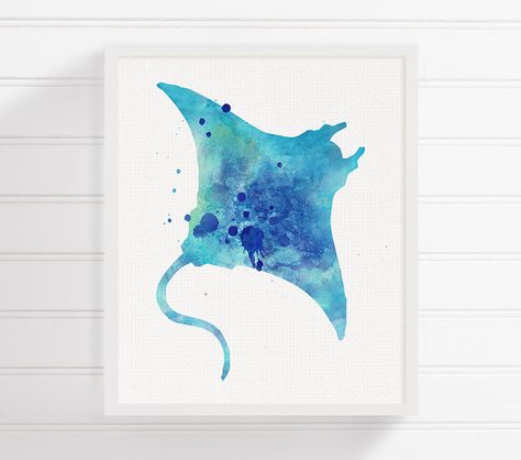 Manta Ray Watercolor, Manta Ray Art, Underwater Watercolor, Nautical Nursery Art, Beach Art Prints, Art Plage, Beach Art Print, Nautical Wall Decor, Coastal Painting