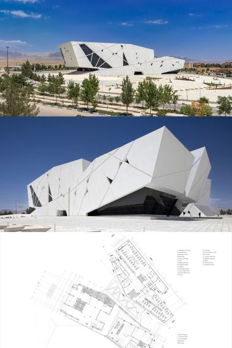 The University of Semnan Auditorium and Library, a remarkable architectural endeavor, came to life in 2007, spanning an impressive expanse of 14,000 square meters. This visionary project included creating a series of educational halls, lecture rooms, a versatile central auditorium, and a library that evolved over distinct construction and development phases. College Art Projects, Wave Architecture, Auditorium Plan, Avant Garde Architecture, Auditorium Design, Theatre Building, Lectures Room, Concrete Buildings, Library Architecture