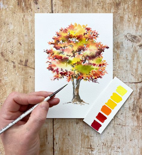 Watercolor Autumn Trees, Autumn Watercolor Tutorial, Watercolour Trees Tutorials, Simple Tree Painting, Fall Watercolor Paintings Easy, Watercolor Fall Trees, Fall Tree Watercolor Painting, Autumn Watercolor Paintings, Tree Painting Tutorial