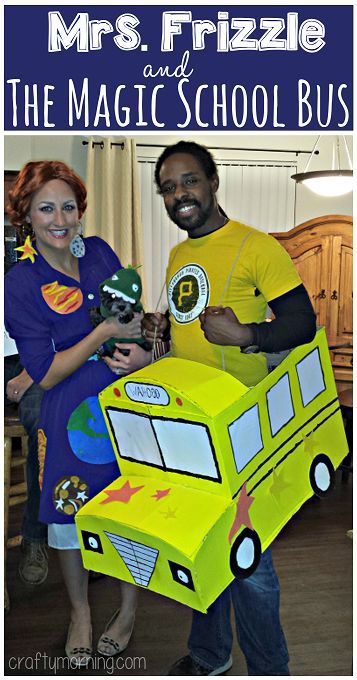 Mrs. Frizzle & The Magic School Bus Couples Costume #Halloween Idea #Cardboard | CraftyMorning.com Magic School Bus Costume, School Bus Costume, Cardboard Bus, Cupcake Halloween Costumes, Mrs Frizzle, Waldo Costume, Toddler Sensory Bins, The Magic School Bus, Easter Sunday School