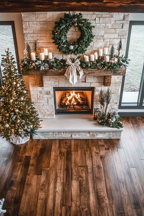 Transform your home into a winter retreat with elegant fireplace décor and a beautifully decorated Christmas tree. Highlighting warm wooden floors and festive greenery, this setup enhances any living space. Perfect for those cold winter nights. #winterhomedecor #holidayseason #cozyhome Cozy Holiday Living Room, Christmas Stone Fireplace Decor, Red Brick Fireplace Christmas Decor, Fire Place Christmas Decor, Christmas Brick Fireplace, Winter Living Room Ideas, Christmas Fireplace Mantle, Christmas Fireplace Mantel, Cozy Winter Home