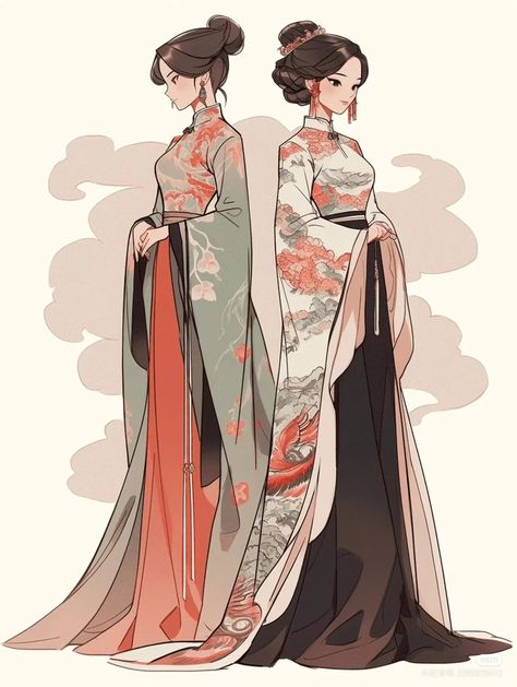 Woman In Kimono Drawing, Japanese Goddess Outfit, Kimono Fashion Drawing, Chinese Clothes Design, Hanfu Drawing Reference, Chinese Anime Art, Chinese Clothes Drawing, Anime Kimono Outfit, Asian Inspired Outfits