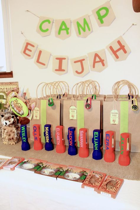 Diy Camping Birthday Party Ideas, Bush Party Ideas, Camping Party Goodie Bags, Camping Theme Goodie Bags, Camping Theme Favors, One Happy Camper First Birthday Party Favors, Camp Out Party Ideas For Kids, Campout Birthday Party Backyard, Camping Themed Birthday Party Games