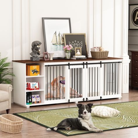 Discover the perfect blend of functionality and style with our Spacious White and Wood Pet Crate. This versatile piece is not just a pet home but a stunning addition to your decor, offering ample storage and display options while providing a secure and comfortable space for your pets. With its sophisticated design and practical features, it's the ideal choice for a harmonious and stylish home, keeping your beloved pets close and your living space organized. MIDHAM Composite Indoor Large Dog House in White | KF150179-01+02 Shelves Divider, Large Dog Crate Furniture, Furniture Style Dog Crate, Heavy Duty Dog Crate, Wooden Dog Kennels, Large Dog House, Large Dog Crate, Dog Crate Furniture, 2 Dogs