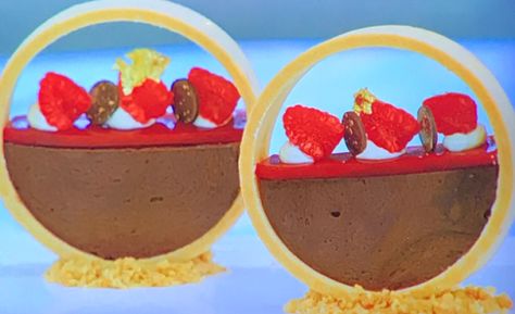 Prue Leith chocolate hazelnut and raspberry vertical tarts recipe on The Great British Bake Off – The Talent Zone Vertical Tart Recipe, Vertical Tart, Hazelnut Mousse, British Bake Off Recipes, Prue Leith, Bake Off Recipes, Raspberry Jelly, Tarts Recipe, Edible Gold Leaf