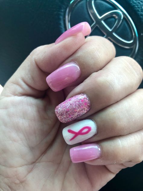 Birthday Nails For October, Ribbon Nails Designs, Breast Awareness Nails, Pink Breast Awareness Nails, Pink Ribbon Nails October, Nail Ideas For Cancers, Remission Party, Nail Designs For Cancers, Nails Designs Simple