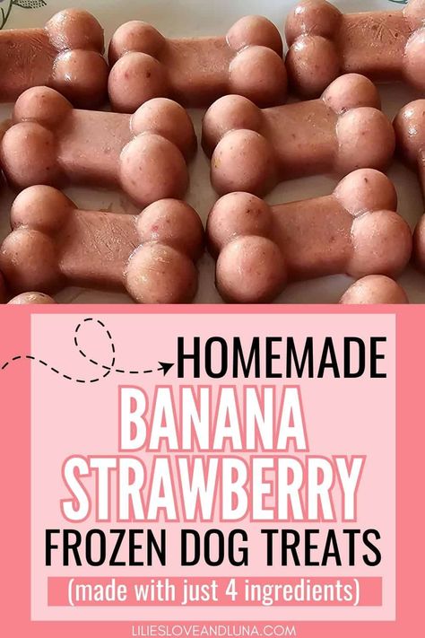 Homemade strawberry banana dog treats have no yogurt in them. These strawberry and banana peanut butter dog treats make great summer dog treats. Frozen dog treats recipes are easy to make homemade dog treats. Banana Peanut Butter Dog Treats, Dog Treats Frozen, Homemade Frozen Dog Treats, Summer Dog Treats, Frozen Dog Treats Recipes, Dog Treats Recipes, Dog Popsicles, Dog Homemade, Banana Dog Treats