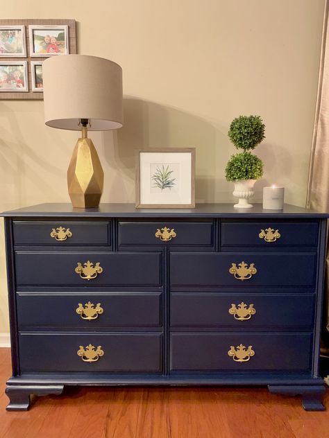 Navy Dresser With Gold Hardware, Navy Blue And Wood Dresser, Navy Blue Dresser With Gold Hardware, Navy Blue Dressers Painted Diy, Navy Blue Dresser With Gold Handles, Navy Blue Dresser, Navy Dresser, Navy Antique Dresser, Navy Furniture