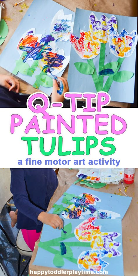 Q-Tip Painted Tulips - HAPPY TODDLER PLAYTIME Spring Art Projects For Kids, Painted Tulips, Spring Toddler, Preschool Spring, April Crafts, Spring Art Projects, Spring Preschool, Spring Crafts For Kids, Spring Projects