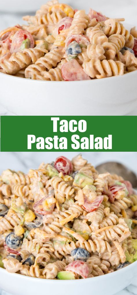 Taco Pasta Salad - a creamy pasta salad with all your favorite taco toppings! Great to make ahead and have in the fridge for dinner or to take to any get together. Chicken Taco Macaroni Salad, Creamy Taco Pasta Salad, Mexican Style Pasta Salad, Creamy Ranch Taco Pasta Salad, Fiesta Pasta Salad, Kid Friendly Salad Recipes, Creamy Pasta Salad Recipe, Southwestern Food, Big Salads