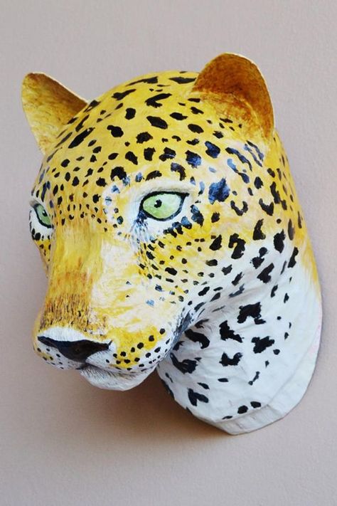 Paper Mache Animal Head, Leopard Mask, Dr Seuss Art, Paper Mache Animals, Paper Mache Clay, Leopard Head, Fake Animals, Colorful Murals, Papel Mache