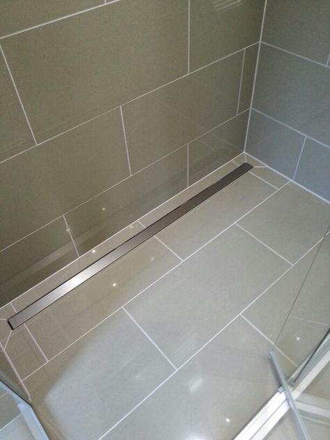 Long Drain Bathroom, Long Shower Drain Ideas, Walk In Shower Trough Drain, Shower Trench Drain, Bathroom Tile Installation, Long Shower Floor Drain, Linear Shower Drain Installation, Small Bathroom Plans, Small Shower Room