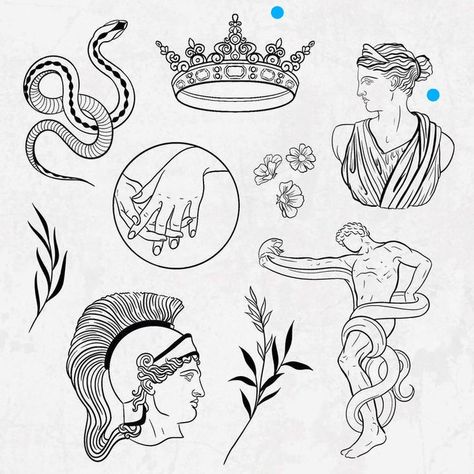 Greek Mythology Tattoos Linework, Small Minamlistic Tattoos, Greek Inspired Tattoos Mythology, Greek Flash Tattoo, Greek Statue Tattoo Minimalist, Greek Patchwork Tattoo, Greek Art Tattoo Minimalist, Small Greek Tattoos, Greek Mythology Tattoos Minimalist