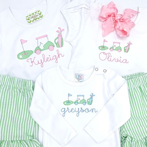 Time to Par-tee!⛳️🏌️‍♂️ Monogrammed Golf baby gifts, Golf sibling sets, Golf polo shirts and golf rompers “fore” the whole fam! Find them all at https://deshlerdesigns.etsy.com #toddlergolf #babygolf #holeinoneparty #partee #letspartee #masteringone #golffirstbirthday #golf1stbirthday #boys1stbirthday #boysfirstbirthday #babygolfgift #golfbabygift #golfbabygifts #golfbubble #golfromper #babyboygolfoutfit #babyboygolfromper #poloromper #golfoutfit #toddlergolfoutfit #holeinonetheme #holei... Girl Golf Outfit, Golf First Birthday, Golf Baby, Feminine Shirts, Boys Golf, Golf Monogram, Kids Golf, Girls Golf, Seersucker Shorts