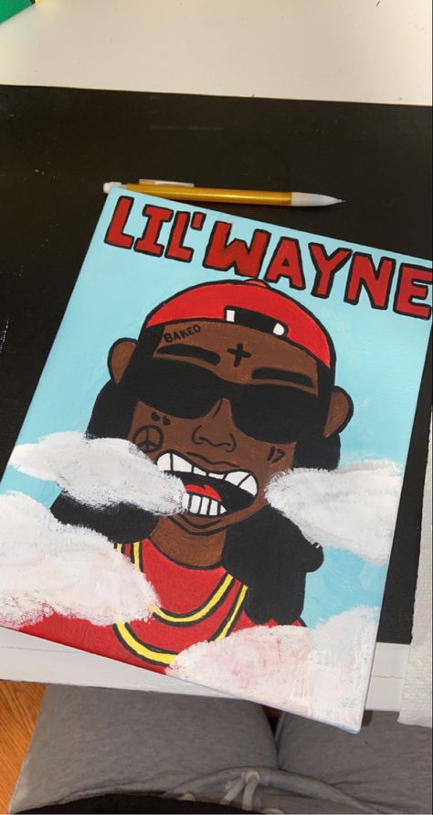 Lil Wayne Painting, Rod Wave Cartoon, Hypebeast Painting, Y2k Painting Ideas, Doddle Art, Canvas Drawing, Cartoon Painting, Canvas Drawings, Painting Canvases