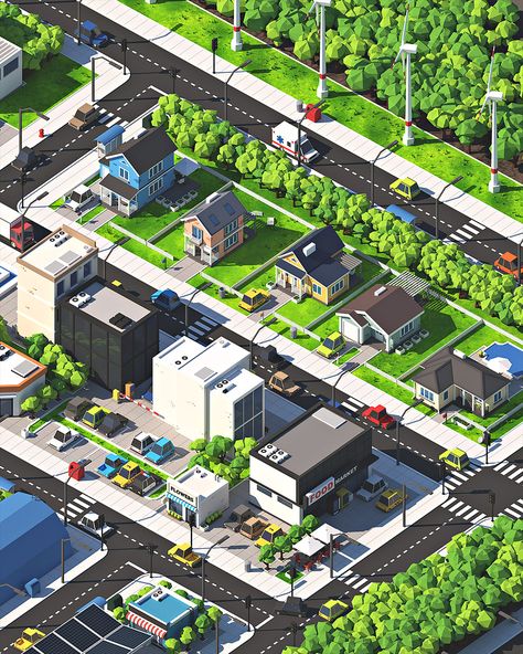 Low Poly City, Buildings Artwork, City Artwork, House Outer Design, Facade Architecture Design, City Layout, Minecraft City, City Cartoon, City Model