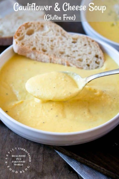 CAULIFLOWER & CHEESE SOUP  made with no flour, thick, rich and creamy #cauliflower #soup #healthy #cleaneating #happilyunprocessed Hawaiian Pasta, Cauliflower Cheese Soup, Cauliflower Cheese Soups, Soup Healthy, Ravioli Recipe, Garlic Noodles, Skillet Recipes, Creamy Cauliflower, Diy Cooking